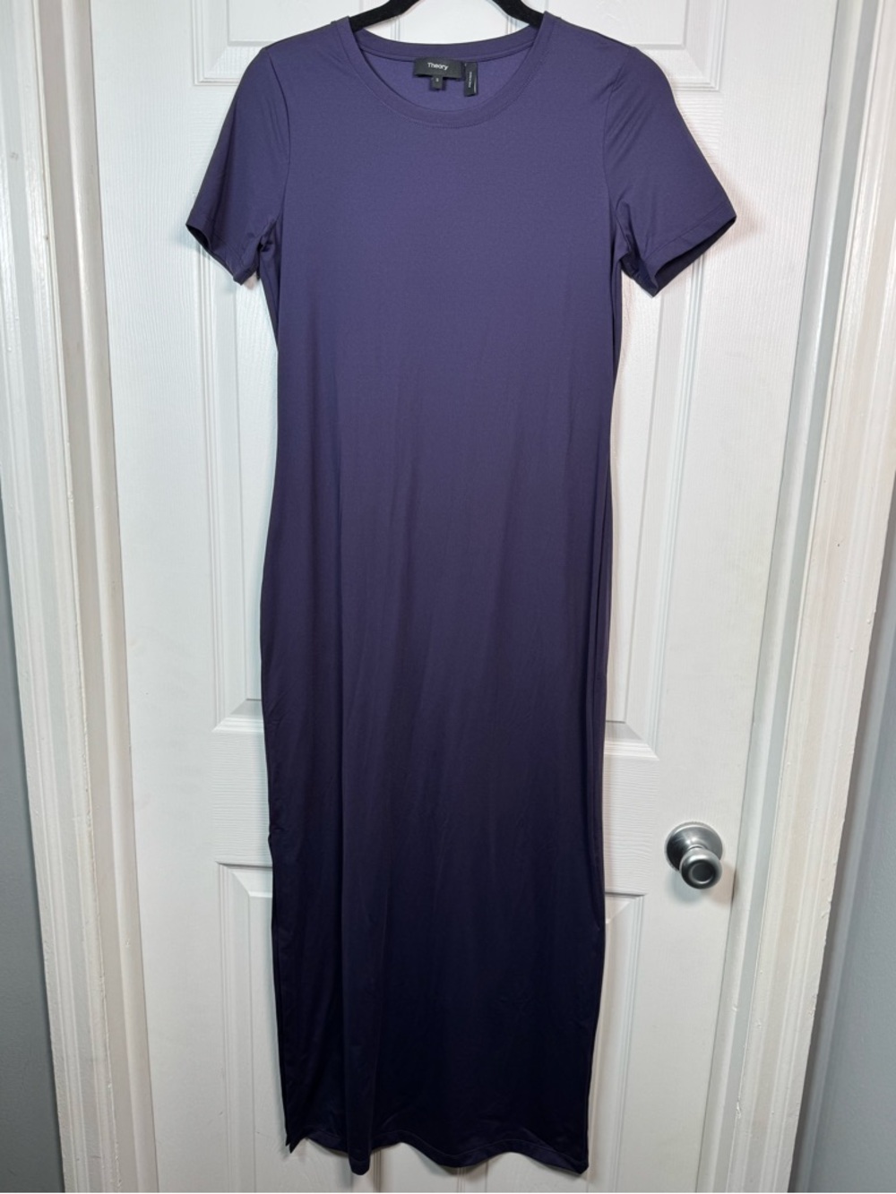Theory Purple Maxi Dress S Stretch Knit Short Sleeve Travel Minimalist